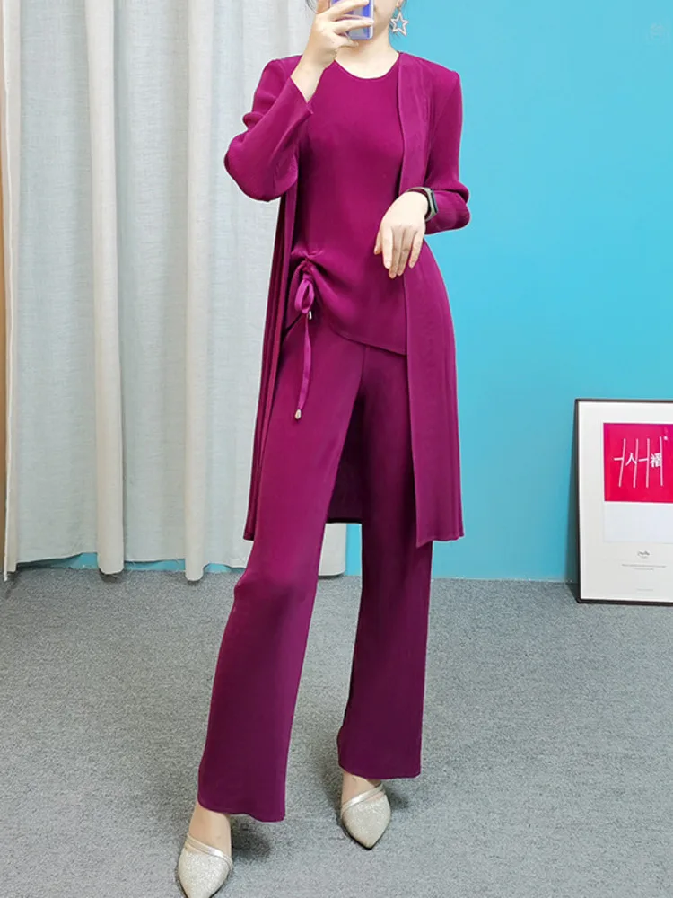 GVUW Pleated Three Piece Set For Women O-neck Drawstring Top Solid Color Coat Wide Leg Pants 2024 Autumn Female Clothing 17J0719