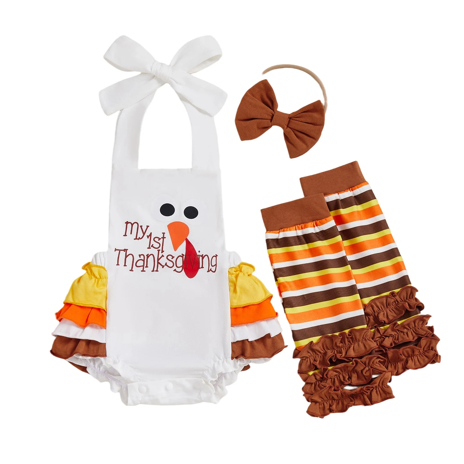 

Baby Girl Thanksgiving Outfit Letter Turkey Print Halter Neck Romper with Bow Headband and Stripe Leg Warmer 4 Pcs Set
