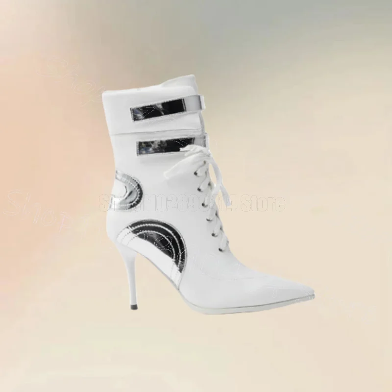 

White Sewing Design Cross Tied Pointed Toe Boots Lace Up Women Shoes Thin High Heels New Party Dating 2025 Zapatos Para Mujere
