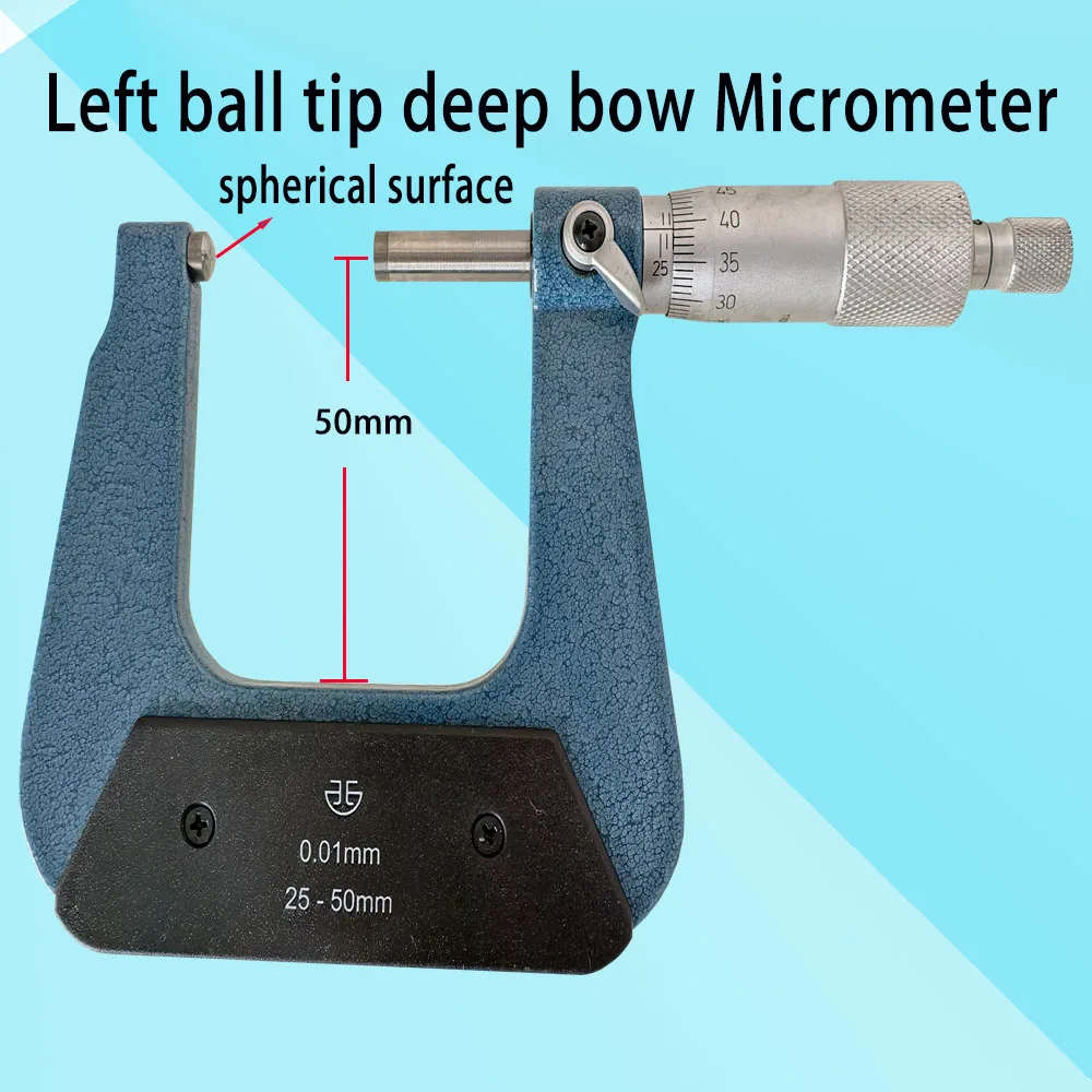 Thickness Micrometer Left round ball tips deep bow 50mm single spherical surface carbide 25-50mm cambered surface curved glass