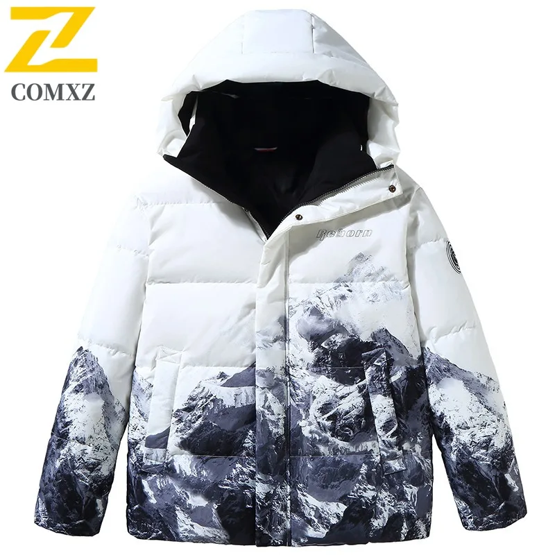 COMXZ 2025 Winter Couple Mountain Print Short Down Jacket Men's Loose Fit Korean Style Trendy Warm White Duck Feather Coat