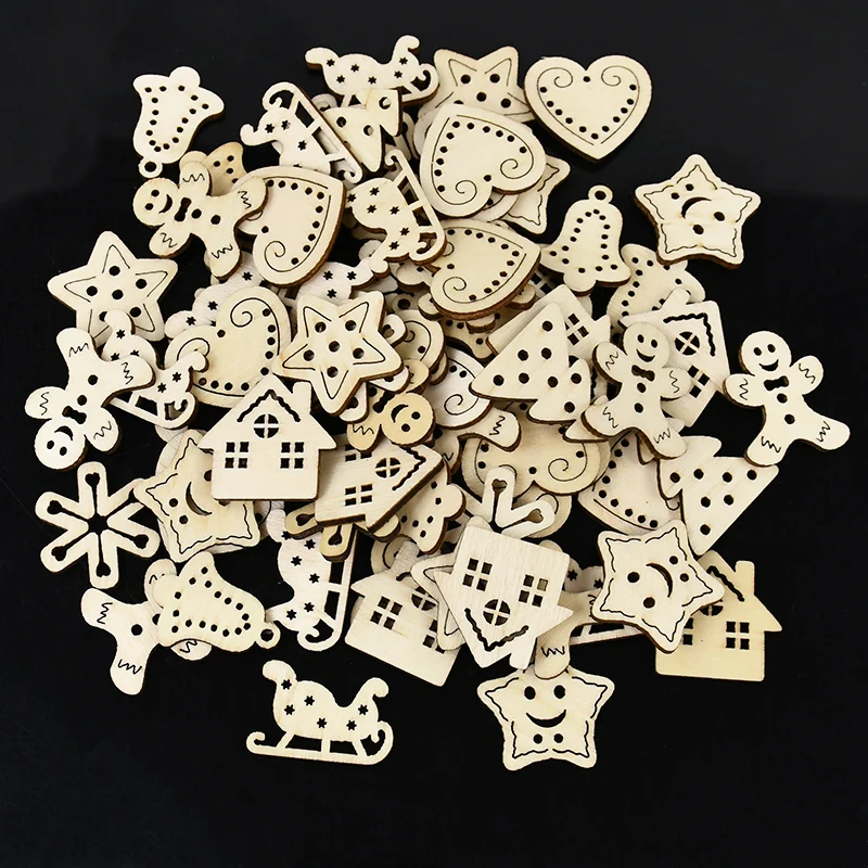 50Pcs Christmas Wooden Chips Natural Snowflake Santa Claus Hanging Pendant Decoration Diy Craft For Xmas New Year Gift Supplies
