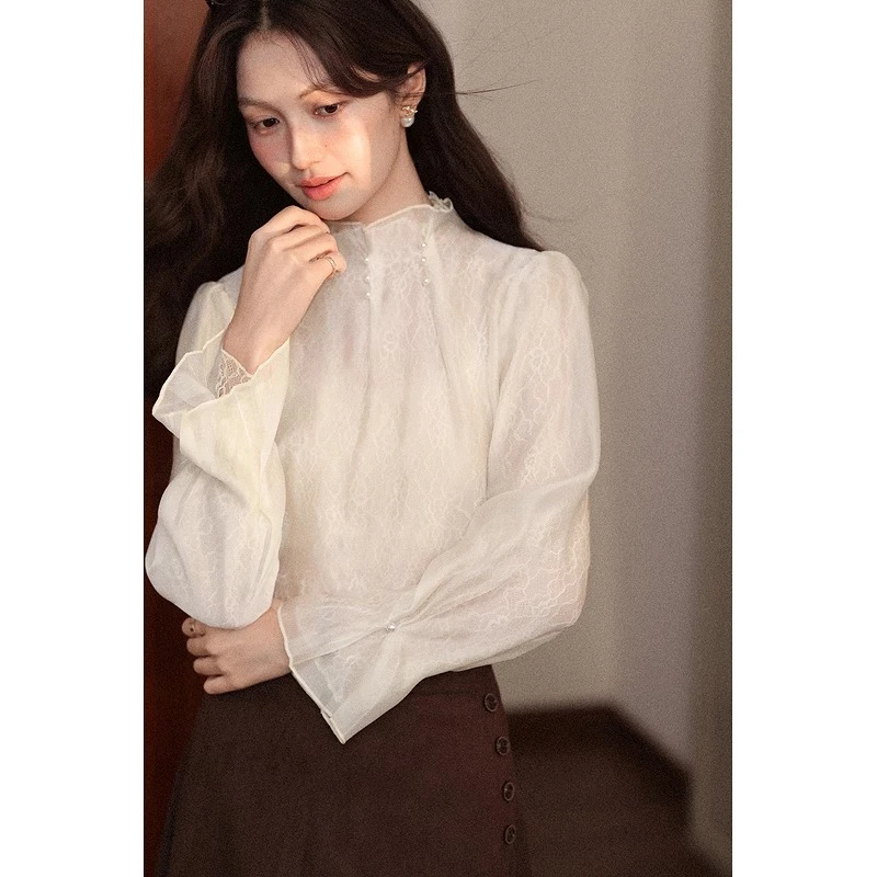 

ALXNAN футболка с длинными рукавами, осенний женский пуловер с расклешенными рукавами и жемчугом, элегантный роскошный универсальный женский топ L58257