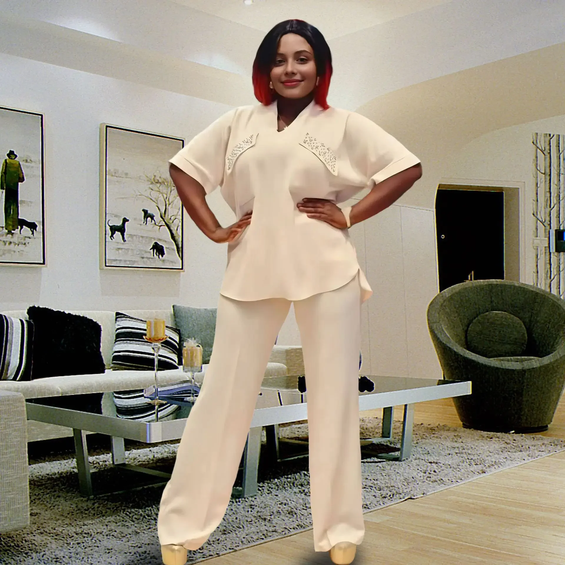 

Two Piece Sets Womens Outifits Short Sleeve V-Neck Casual Top & Pants Set Fashion Long Sleeve Suit Elegant Chic Daily Streetwear