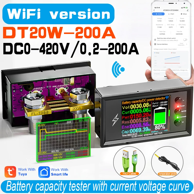 DC 0-420V Tuya WiFi Smart Lithiumbatterij Capaciteit Detectie Tester DC digitale Display Stroom Spanning Coulomb Power meter DT20W