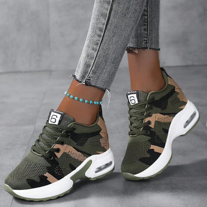 Frauen Höhe Erhöhen Turnschuhe Air Kissen Laufschuhe Sport Schuhe Femal Mesh Atmungsaktive Flache Hohe Ferse Schuhe Camouflage Grüne Schuhe