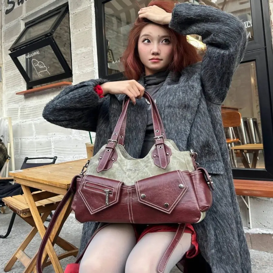 Retro color-blocking women's single-shoulder bag, denim patchwork underarm handbag, commuter crossbody bag for women