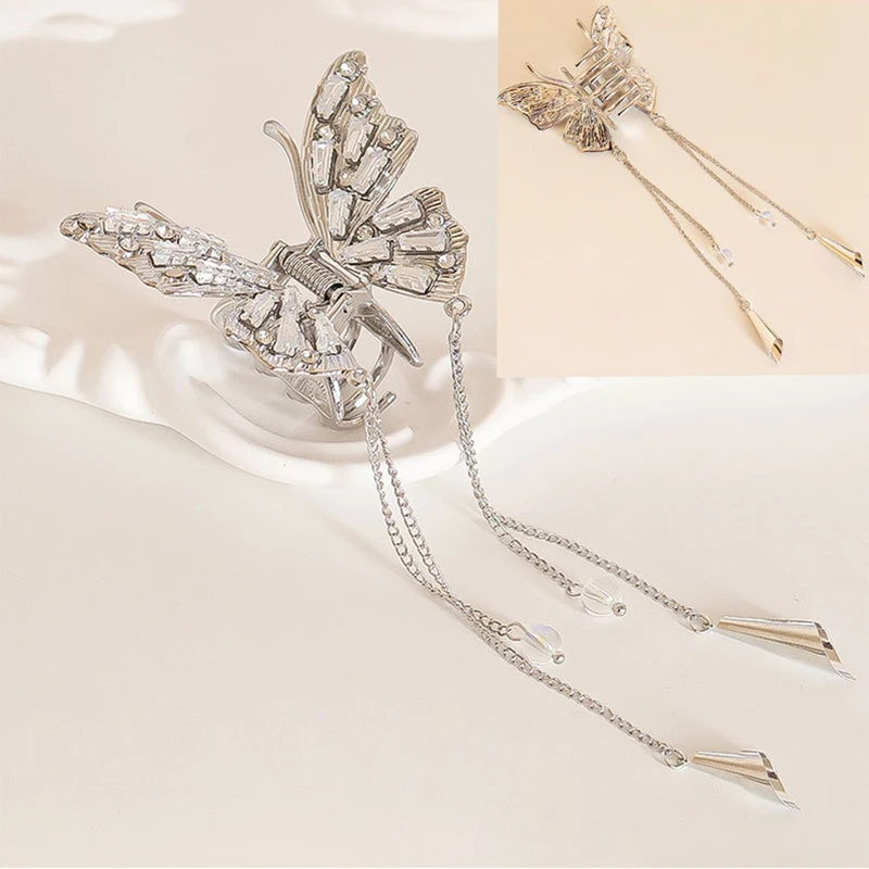 New Fashion Rhinestone Butterfly Tassel Hairpin Ladies Elegant Ponytail Clip Delicate Bow Crab Claw Headdress Hair Accessories