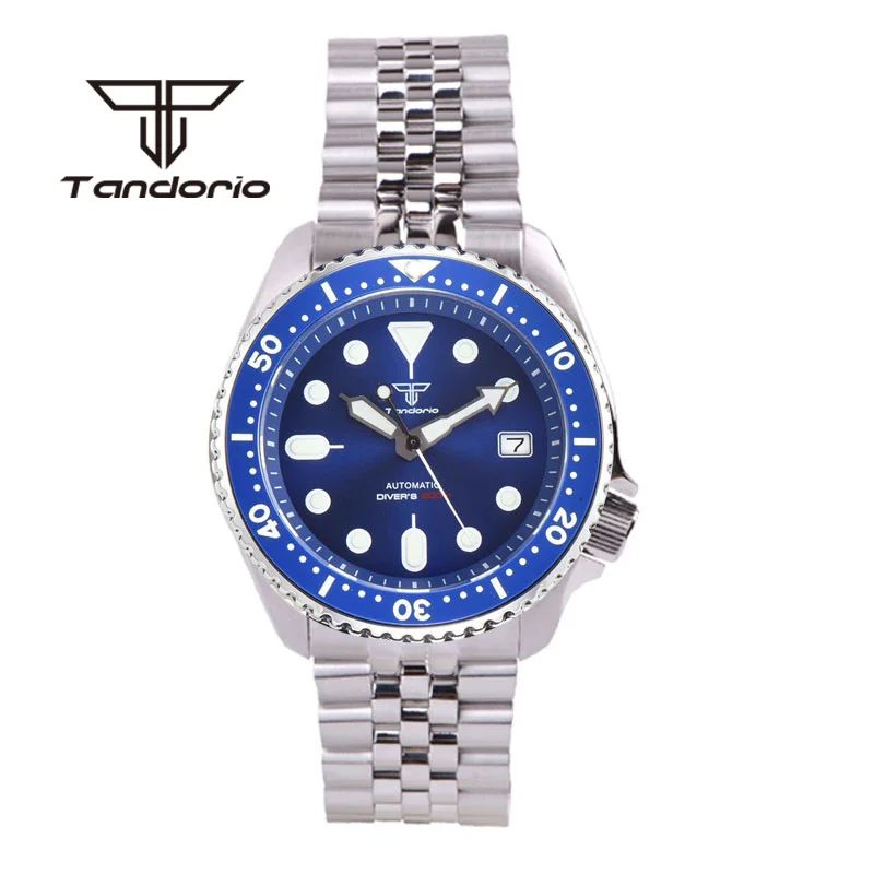 Tandorio NH35A 41mm 200m Automatic Diving Men Wristwatch Steel Bracelet Black/Blue/Green Dial Luminous Sapphire Glass Auto Date