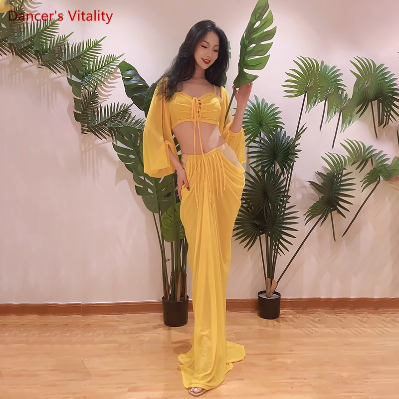 Belly Dance Practice Clothes for Women Belly Dancing Palace Style Long Sleeves Top+skirt 2pcs Female Oriental Performance Outfit