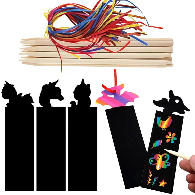 12PCS/Set Rainbow Scratching Bookmark Special Butterfly Animal Dinosaur Unicorn Scratch Painting Set Artclass DIY Stationery ZYF