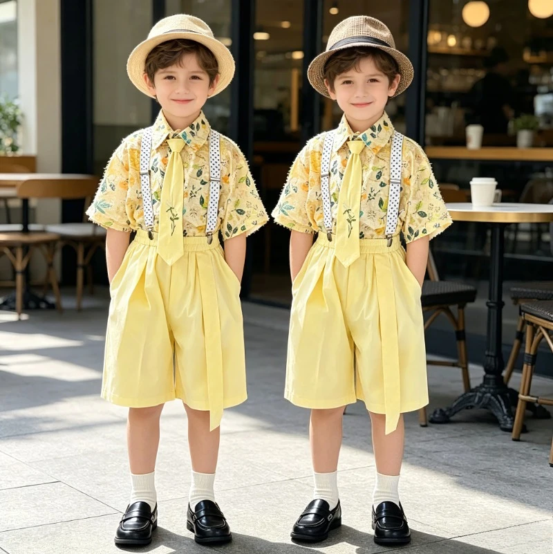 Boys Floral Outfit Set Short Sleeve Shirt + Yellow Shorts with Suspenders & Tie Summer Wedding Birthday Party Holiday Wear 6 8 Y