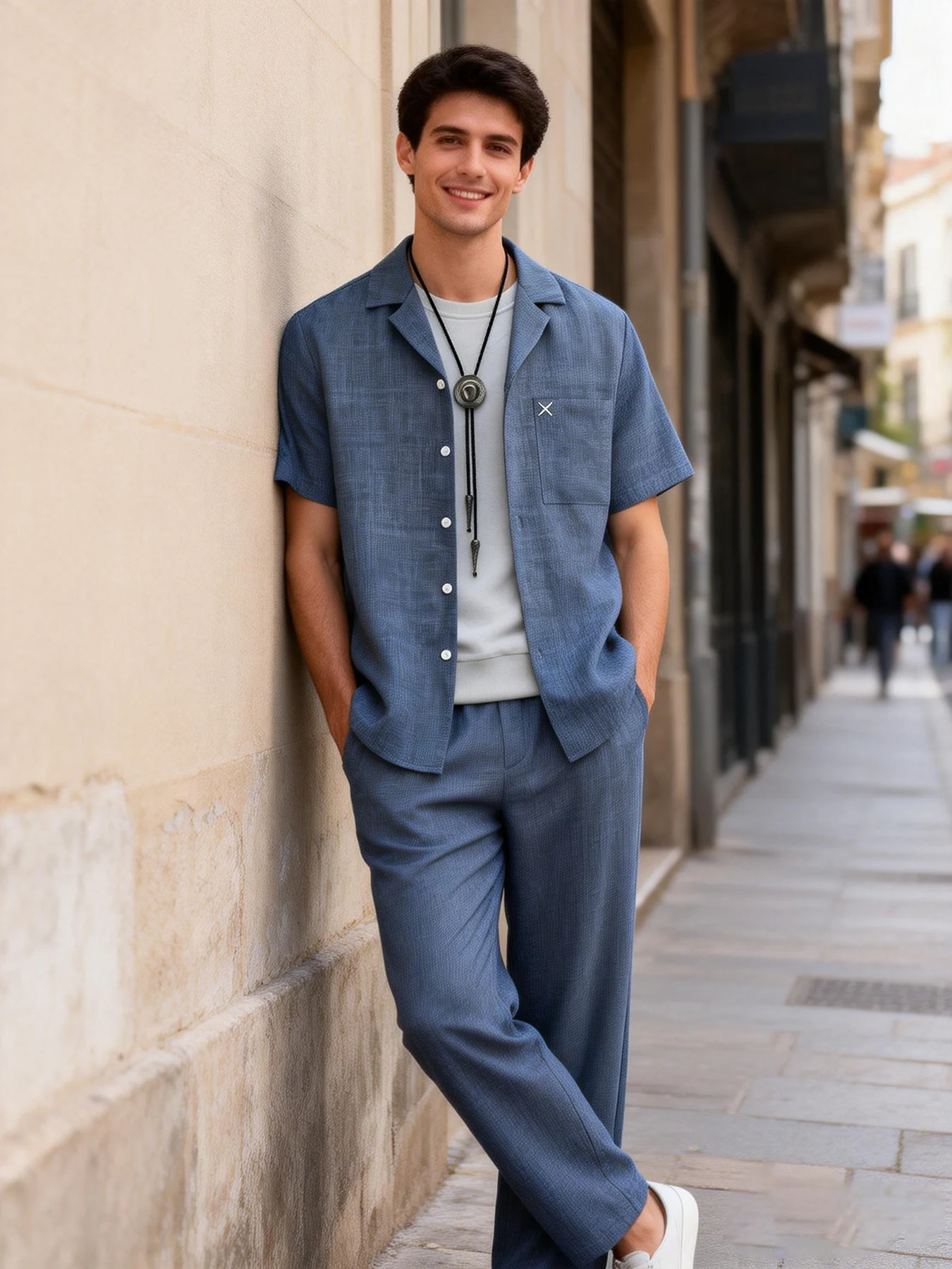 Linen-Like Textured Cuban Collar Shirt Pants Set Men's Summer Loose Smart Casual 2 Piece