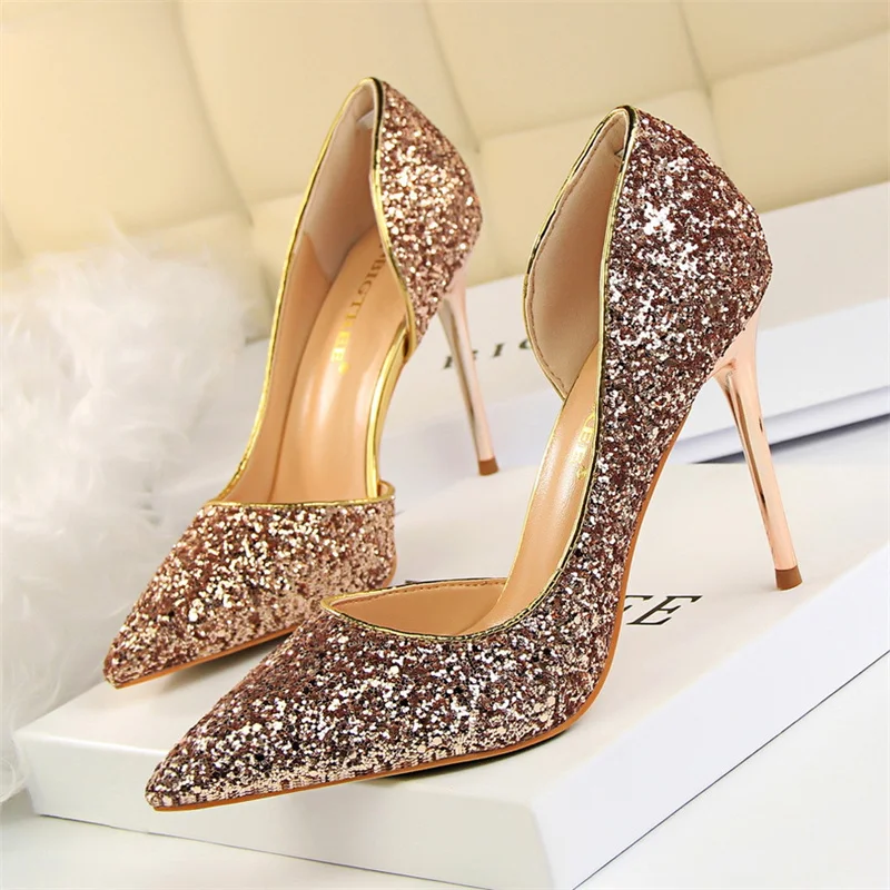 

Women Super High Heels Blue Gold Pumps Sexy Sequins Bling Shallow Mouth Pointed Toe Hollow Stiletto Sparkly Party Shoes