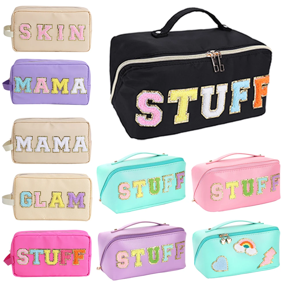 

Candy Color Cosmetic Bag Letter Patches Makeup Bag Women's Folding Travel Toiletry Kit Women Portable Makeup Organizer Handbags