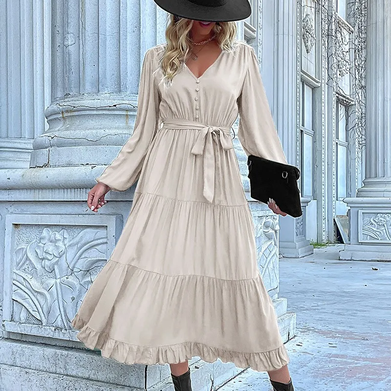 

Autumn New Women's Long Sleeved Pleated Patchwork Dress With V-neck Button Waistband And Ruffle Edge Oversized Swing Skirt 2024