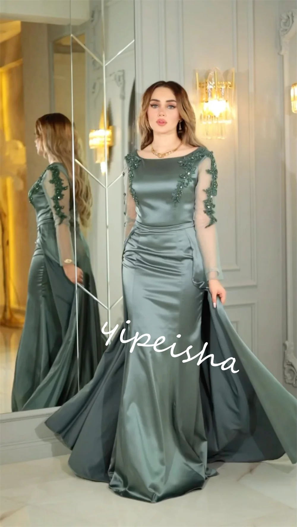 Funkeln exquisite hochwertige Satin Perlen formelle Abend A-Linie quadratischen Hals maßge schneiderte Anlass Kleid lange Kleider