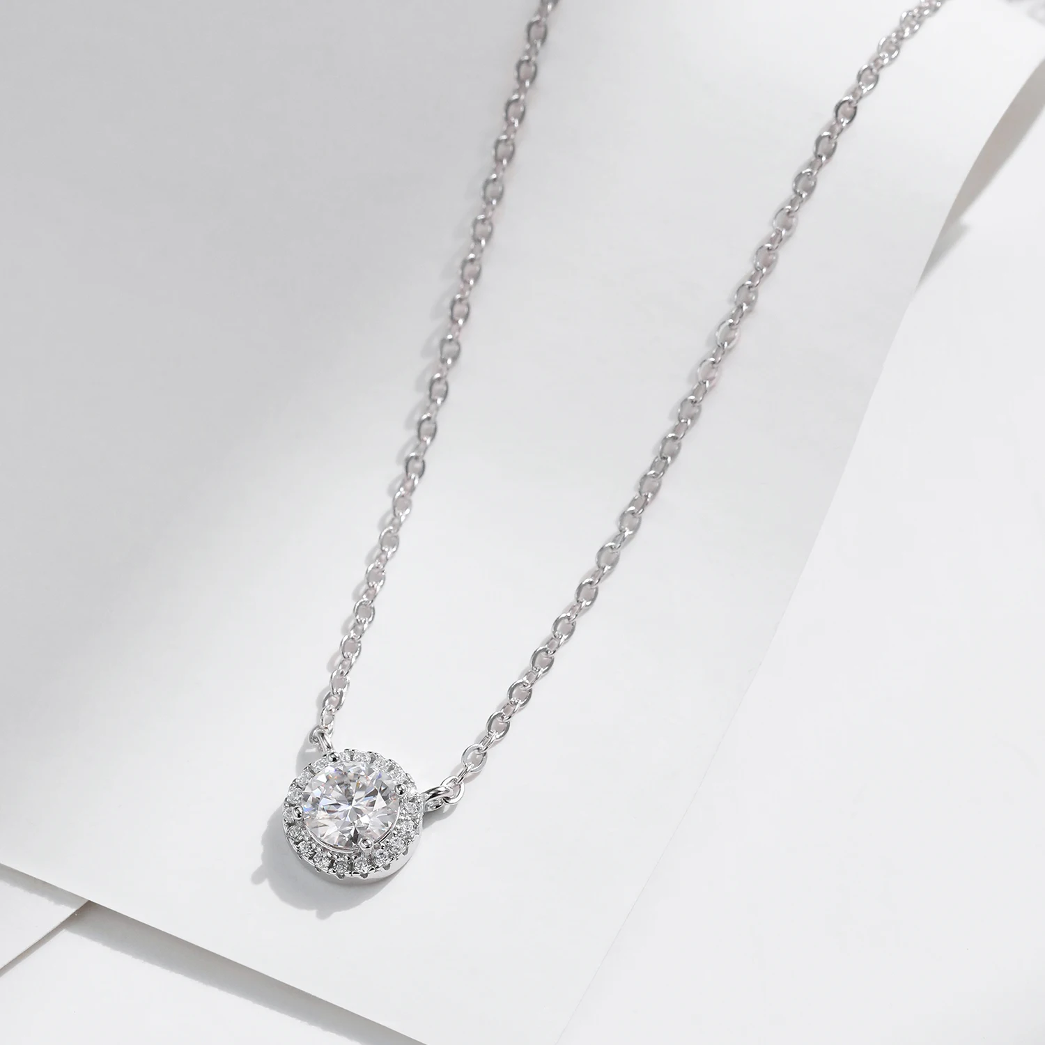 MODIAN 0.8 Carat D Color Classic Halo Moissanite Pendant Necklace 925 Sterling Silver Lab Diamond Wedding Jewelry For Women