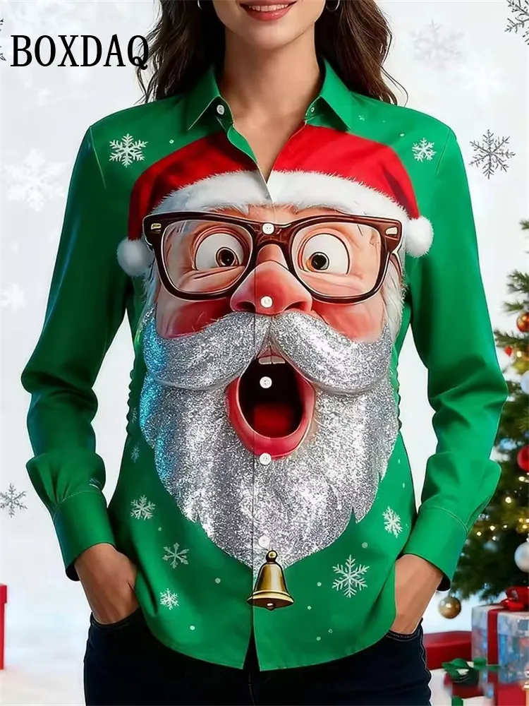 เสื้อผู้หญิงลายการ์ตูนซานตาคลอสสุดน่ารัก สไตล์หรูหรา แฟชั่นแขนยาว เสื้อเบลาส์ลำลองสำหรับฤดูใบไม้ร่วงและฤดูหนาว เหมาะสำหรับใส่ในชีวิตประจำวันและวันหยุด