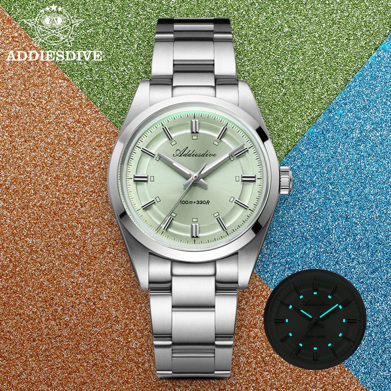 

ADDIESDIVE AD2515 Men Watch 100m Waterproof BGW9 Super Luminous 316L Stainless Steel Bubble Mirror Glass VH31 36mm Quartz Watch
