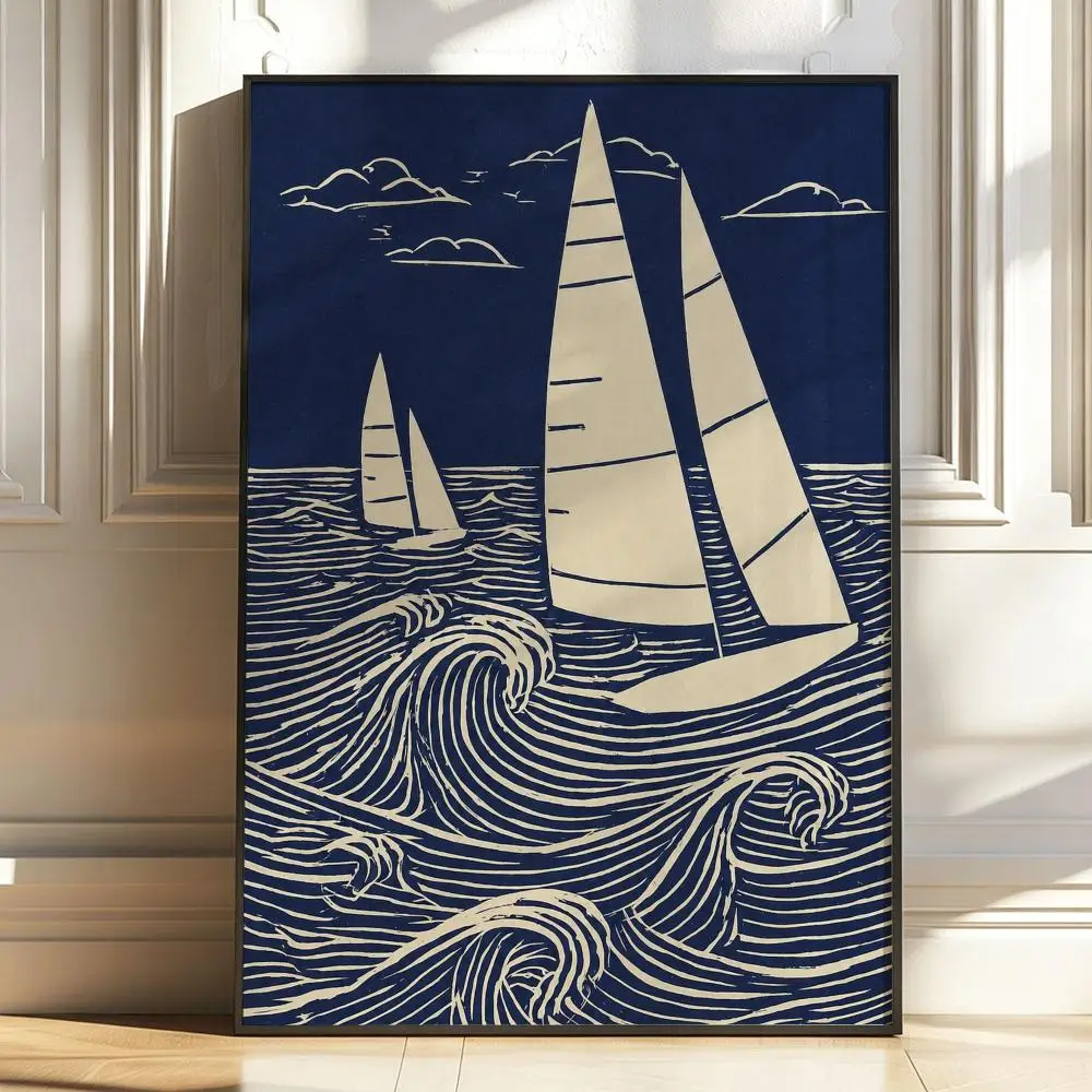 Sailboat Linocut Nautical Ocean Poster Stickers Painting Self-Adhesive Art for Bedroom Living Room Home Decor Wall Decals Gift