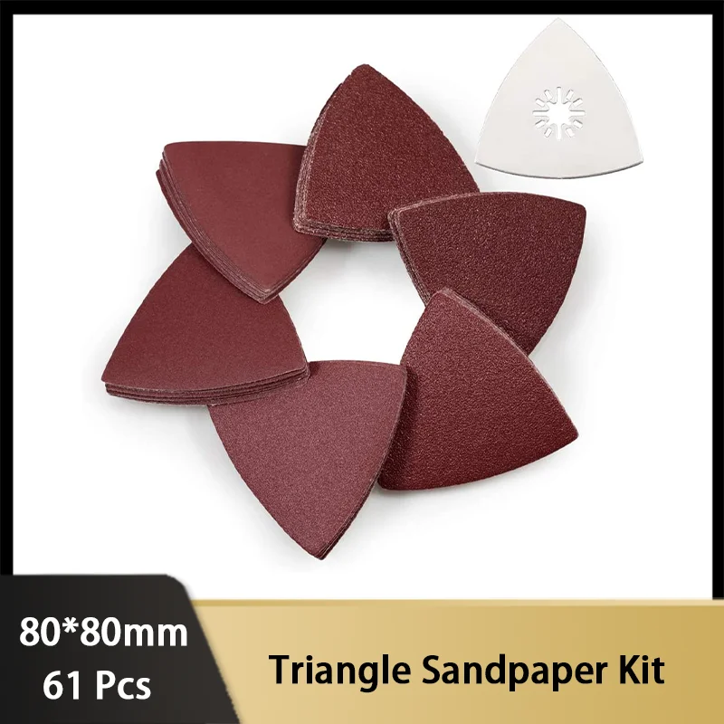 

80*80*80mm Triangle Hook & Loop Sandpaper Kit 61Pcs with Stainless Steel Oscillating Sanding Pad Assorted 40-240 Grits Sandpaper