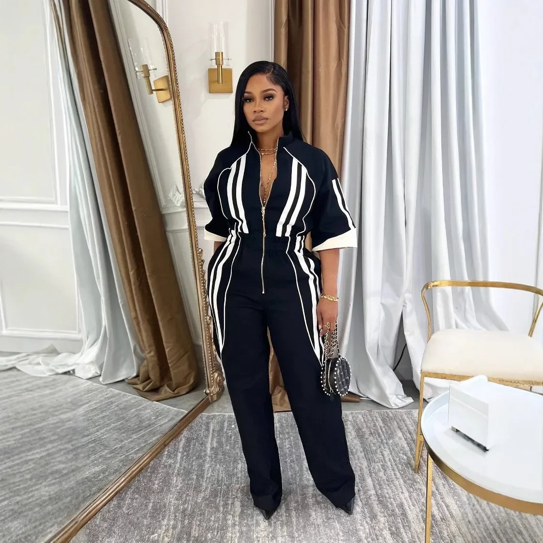 Jumpsuits Women Stand Collar Zipper One Piece Full Sleeve Overalls Wide Leg Long Pants High Waist Rompers Y2k Streetwear 2025