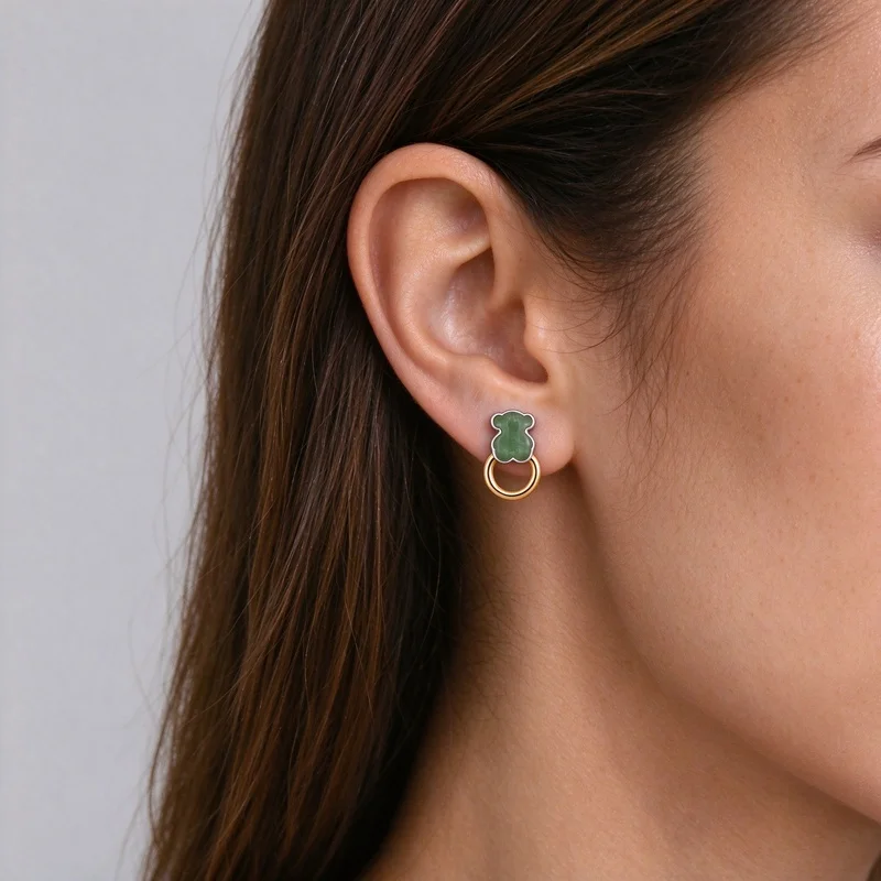 Green Jade Bear Stud Earrings For Women, Cute Panda Bear Charm Earrings With Silver Frame And Gold Ring, Natural Stone Cute Animal Stud Earrings, Minimalist Jewelry Gift For Teen Girls, Everyday Office Casual Dating Party Wear, Hypoallergenic Nickel Free