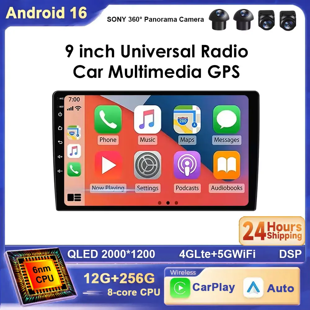 9-inch Universal Android 16 Car Radio Multimedia Navigation Auto 360 Camera GPS 4G WIFI BT DSP DVD  Head Unit  Carplay