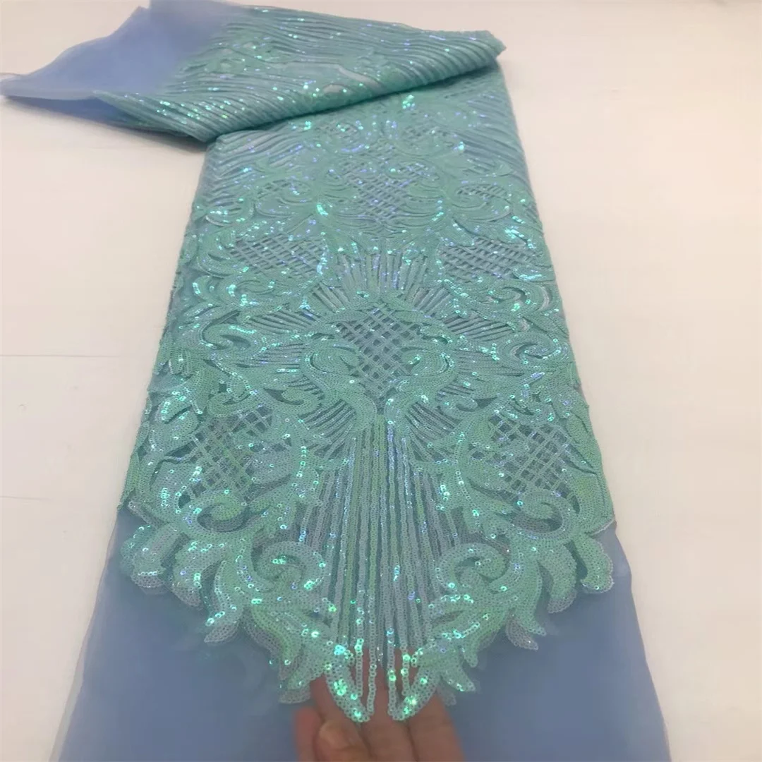 French Sequins Net Lace Fabric 2025 High Quality African Lace Embroidered Nigerian Tulle Lace 5 Yards For Sewing Party Dresses image 3