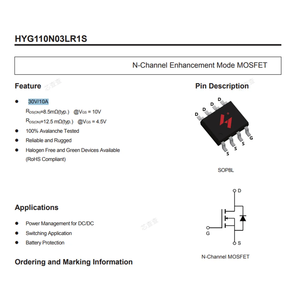 (10 pcs) HYG110N03LR1S SOP-8 N-Channel Enhancement Mode MOSFET 30V/10A