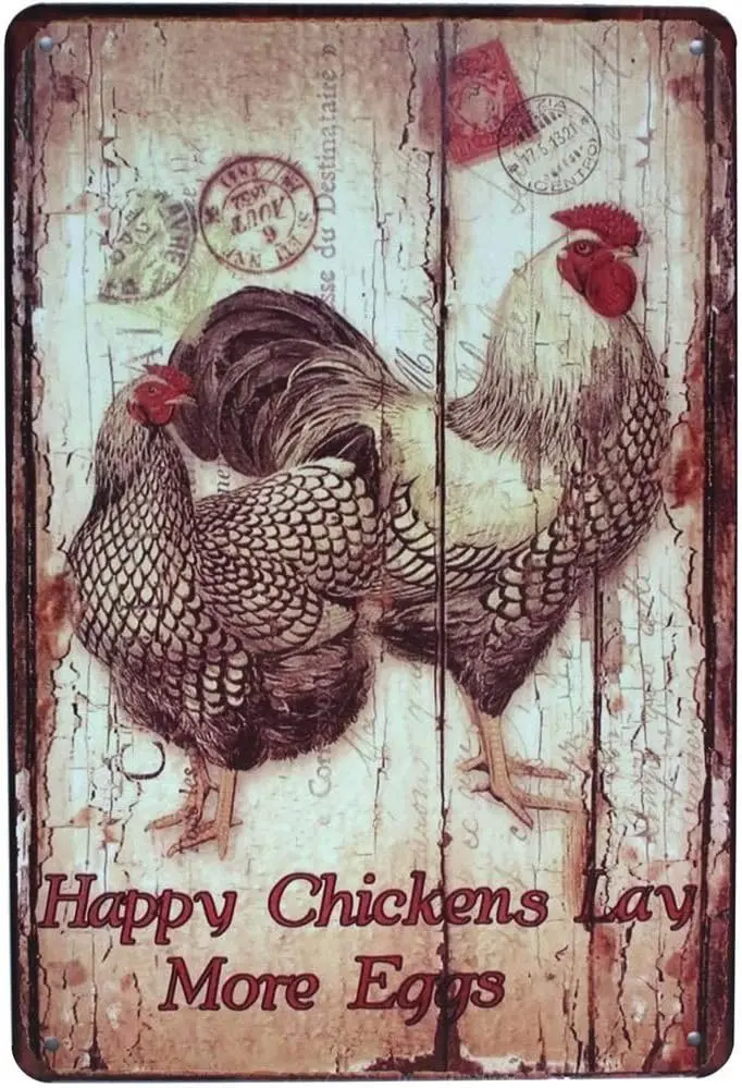 Happy Chickens Lay More Eggs, Rooster Decor Metal Tin Sign, Wall Ornament Farm & Bar Decor 8