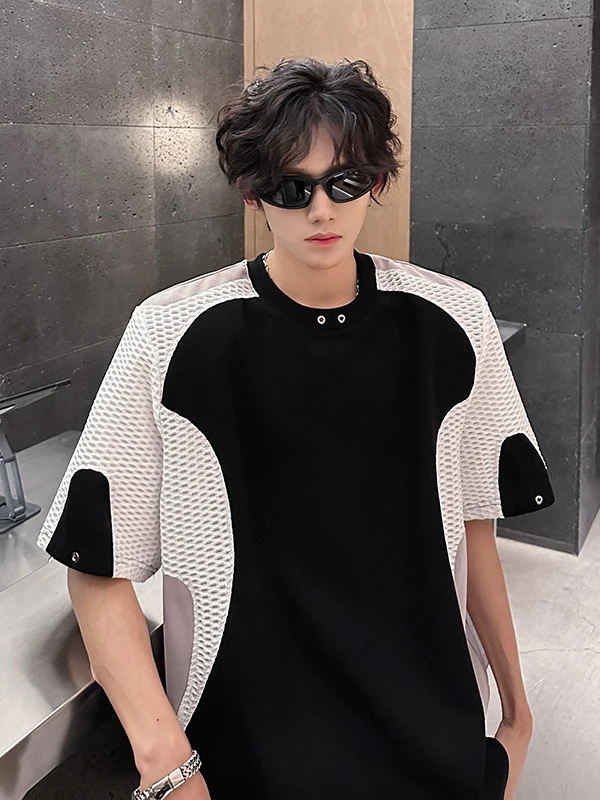 

American High Street Deconstructed Color Blo ort Sve T-irt Men's Summer Design High Sense oulder Pad f Sve