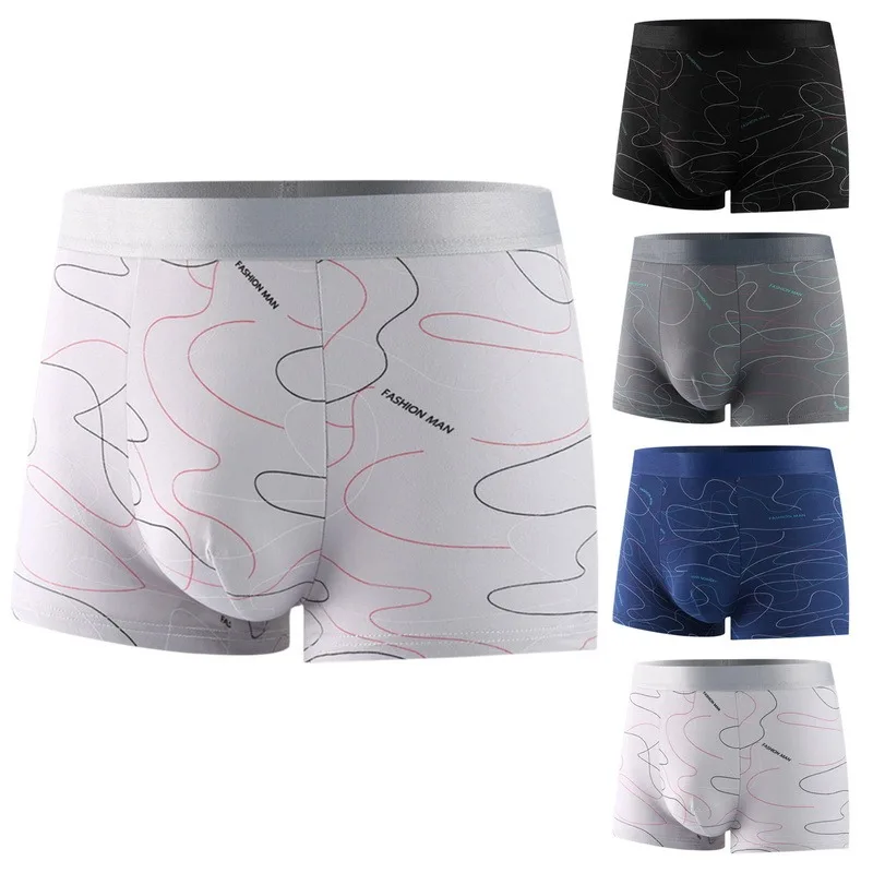 Line Printed Men Boxer Shorts Elastic Waistband Men\'s Underwear Breathable 3D Pouch Boyshorts Loose Seamless Male Boxer Briefs