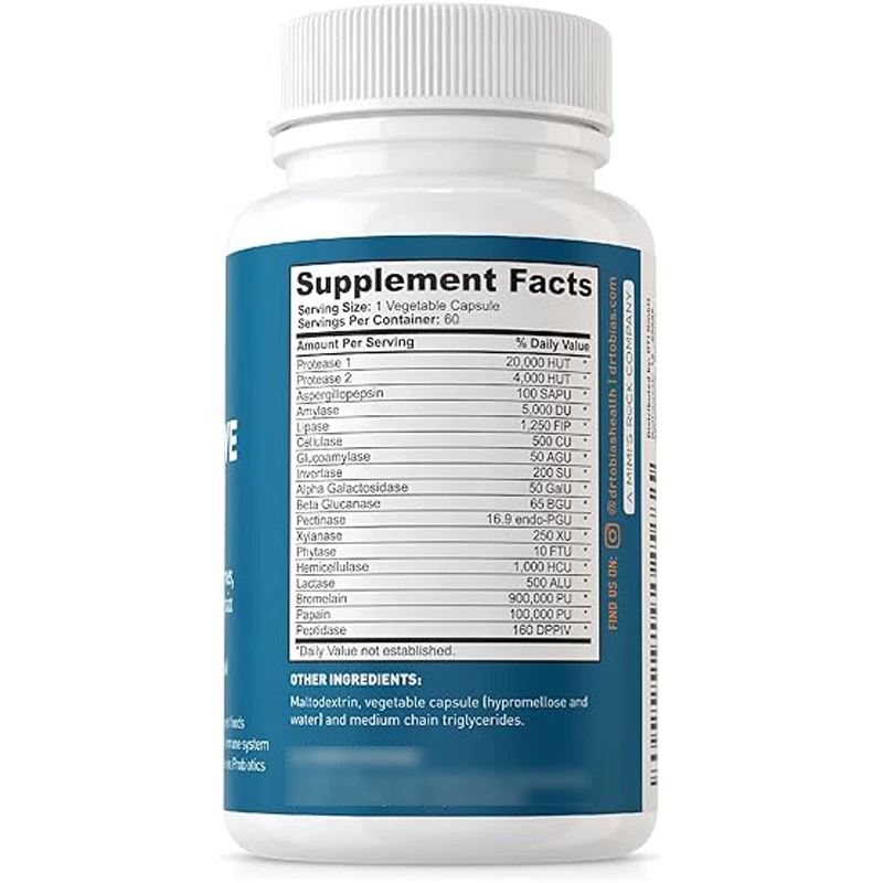 Digestive enzymes include amylase, bromelain, lipase, lactase, protease, papain, etc., in 60 capsules