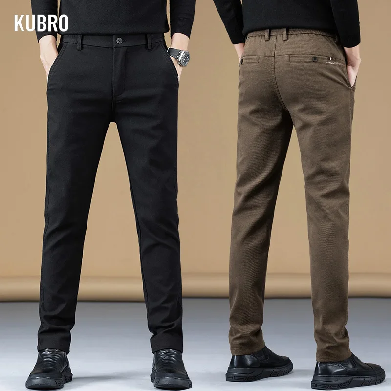 KUBRO-Calça casual masculina de tecido de algodão macio, grosso negócio slim fit, roupas de marca, moda coreana, calças masculinas, outono inverno,