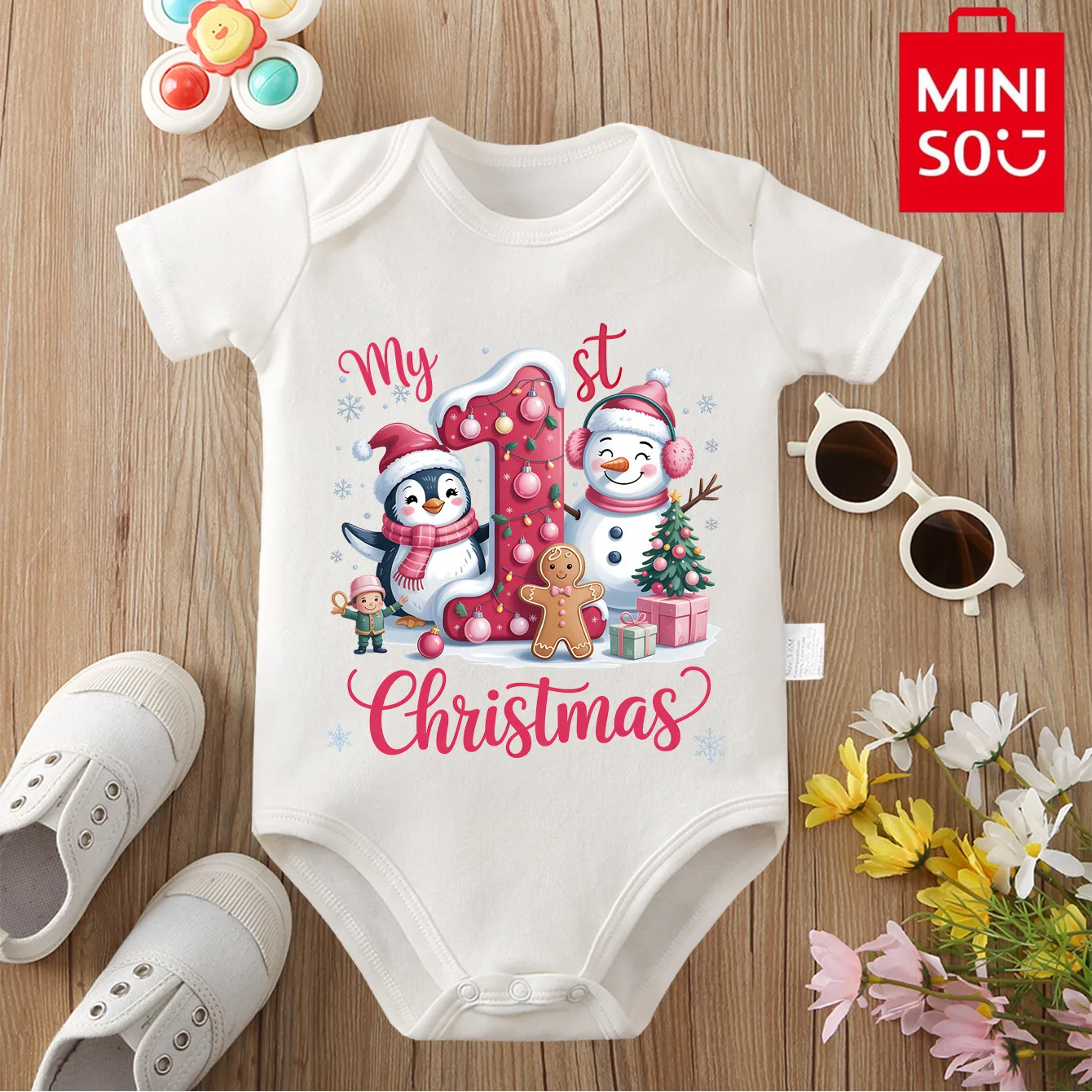 

MINISO First Christmas Santa Claus HOHOHO Pure Cotton Cloths Onesie Jumpsuit Bodysuit for 0-12 Months Newborn Best Gift for Baby