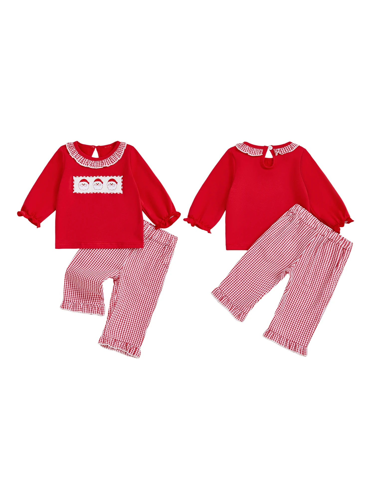 

Рождественский комплект одежды из 2 предметов для маленьких девочек, топы с вышивкой Санта-Клауса и длинными рукавами, клетчатые штаны, наряды для маленьких девочек