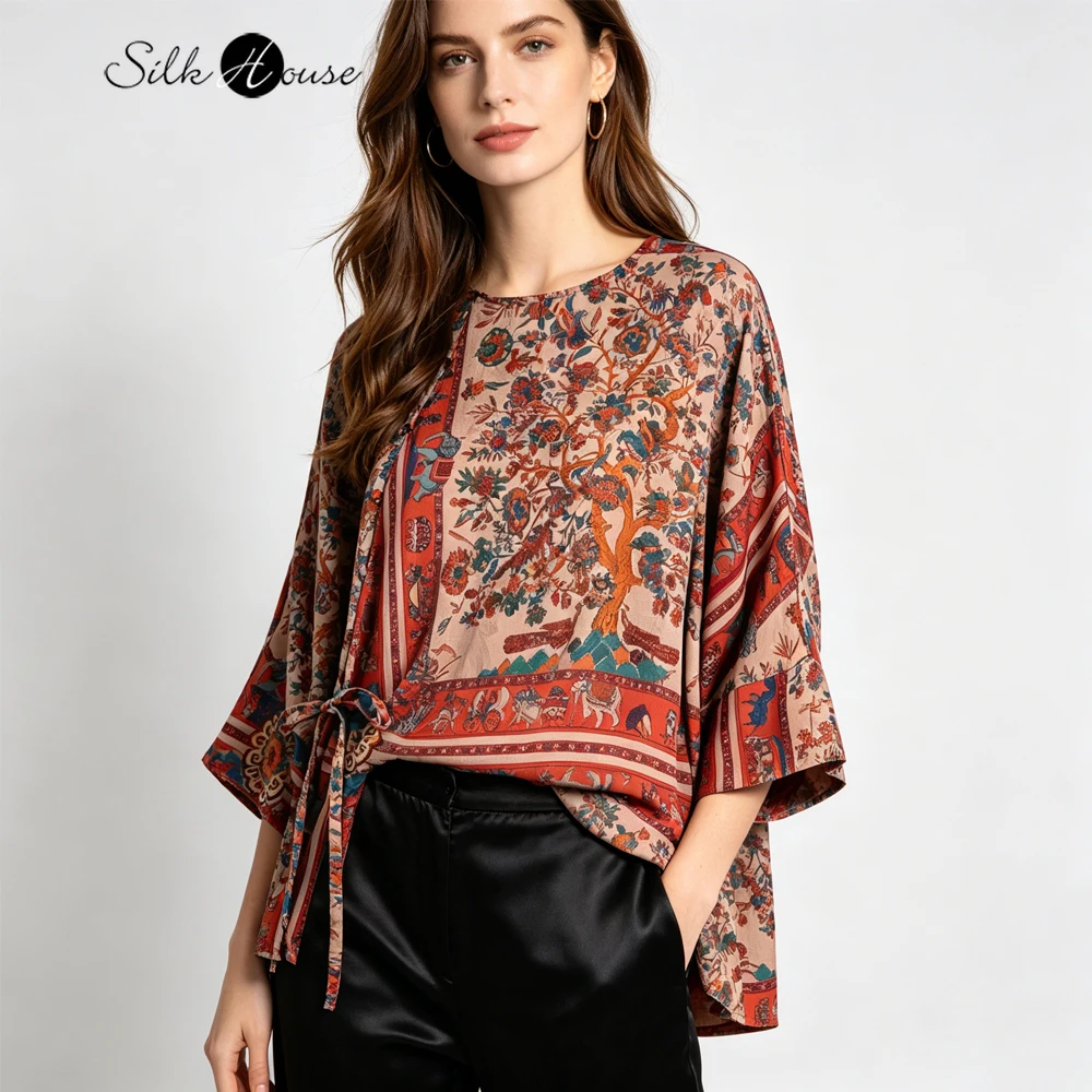 Women's Fashion Summer Clothing Exotic Style 100% Natural Mulberry Silk Gambiered Guangdong Gauze Diagonal Collar Strap T-shirt