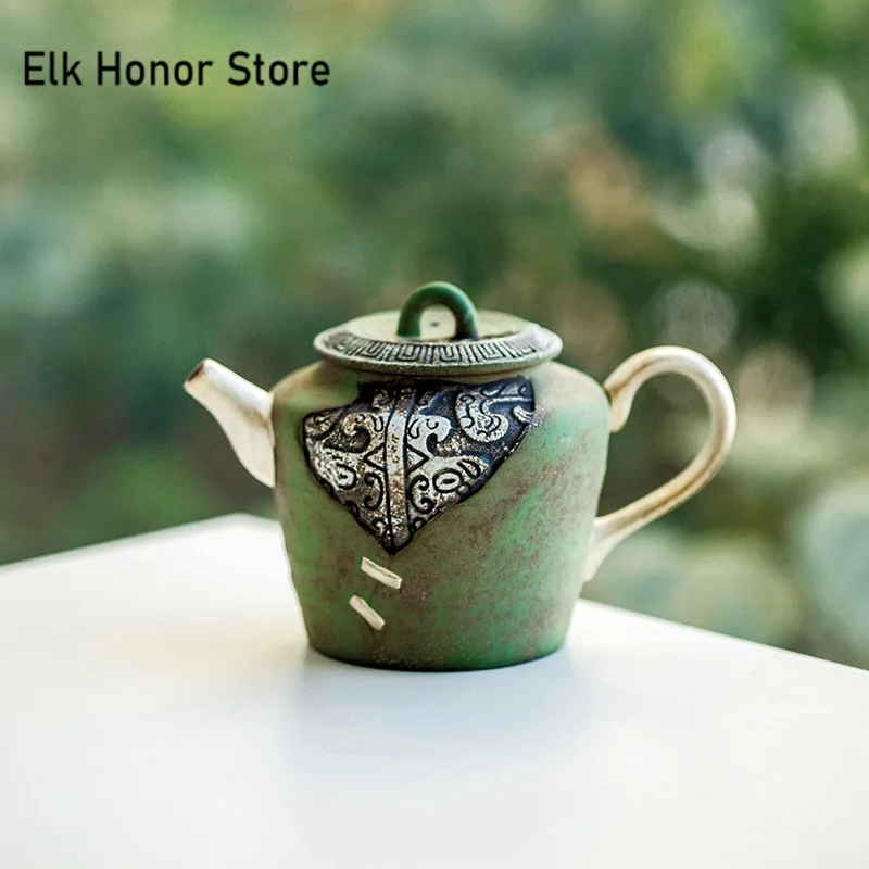 155ml Retro Old Rock Clay Teapot Light Green Embossed Taotie Pattern Pot Tea Brewing Kettle with Filter Tea Ceremony Collection