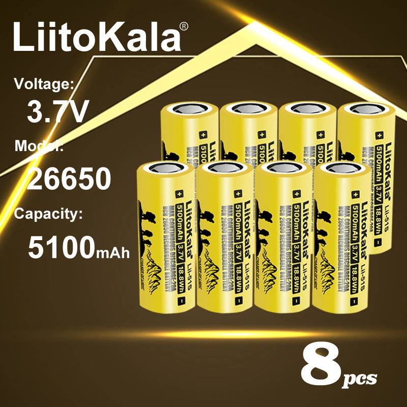 

8PCS LiitoKala Lii-51S 26650 5100mAh Li-ion 3.7V Rechargeable Battery 20A Discharge 3.6V Power for Flashlight batteries