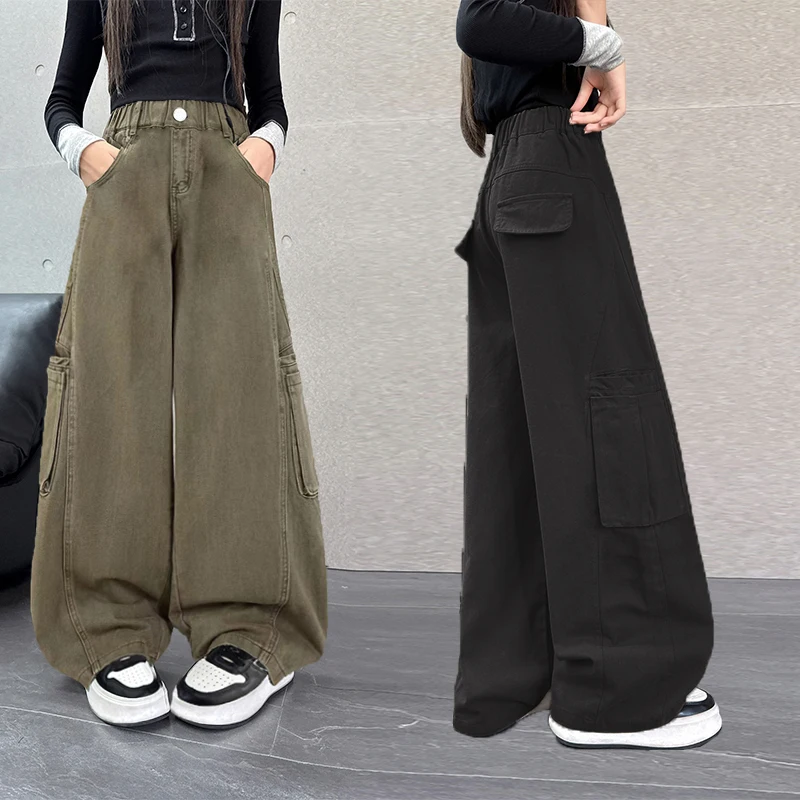 

Teenage Girls Wide Leg Cargo Pants 2025 Autumn Fashion Kids Casual Long Pants School Young Children Straight Baggy Trousers 14Y