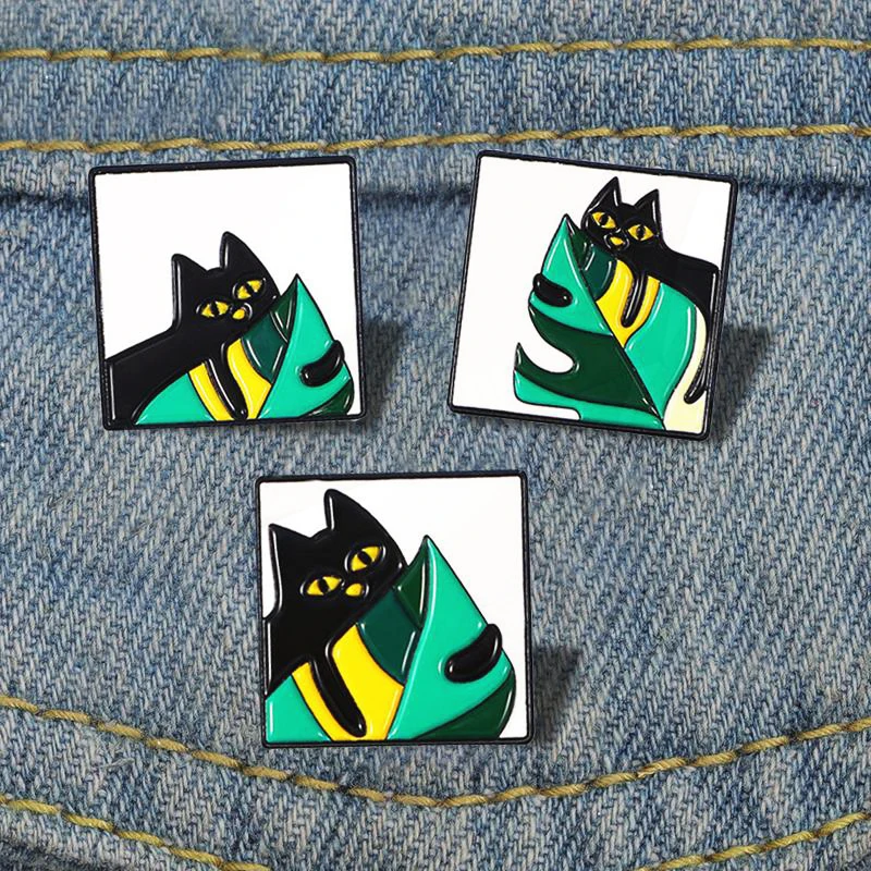 Desenhos animados gato preto pinos, Óleo bonito Gota Push Pin, Segurando a grama