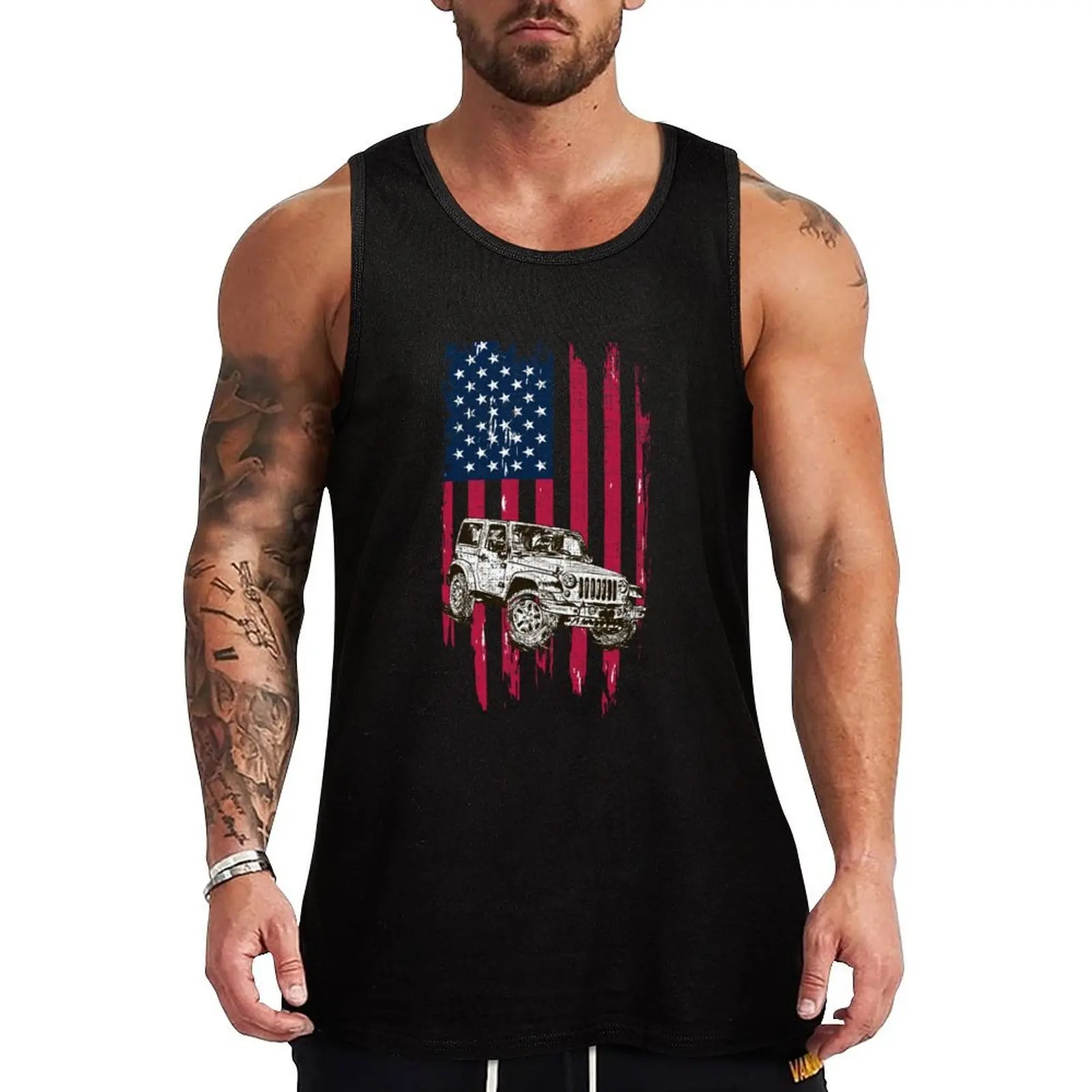 Vintage Off Road 4x4 Driving American Flag Tank Top Gym Muscle Tank Top Sleeveless Fitness Athletic Wear