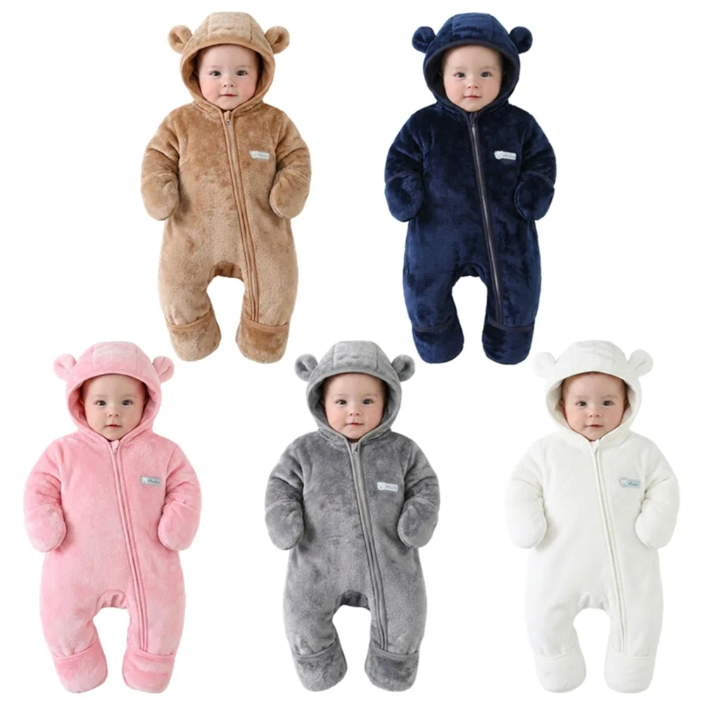 Baby Infant Bear Ear Hooded Flannel Romper Zipper Long Sleeve Warm Autumn Winter Jumpsuit Soft Sleepwear Indoor Daily Outfit