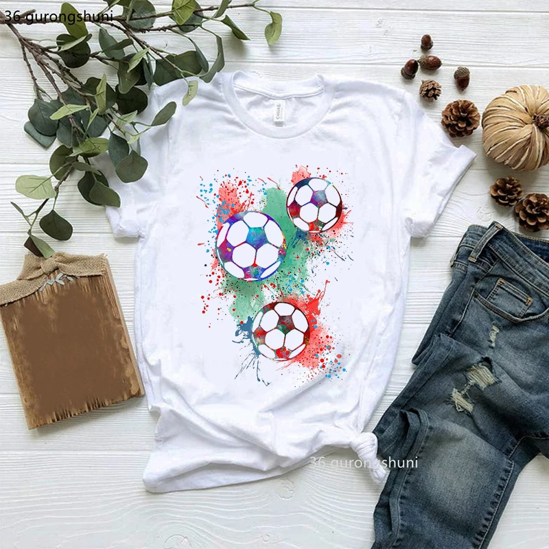 Funny Fashion Football Watercolor Painting Soccer Girls T Shirt Harajuku Women Clothes Female Clothing Short Sleeve Tees Tops