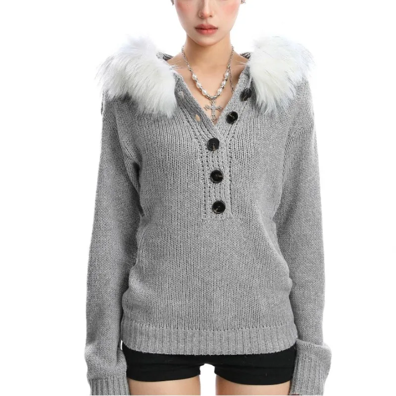 

Grey Autumn Fashion Faux Fur Hooded Knitted Sweater Women Casual Long Sleeve Zip Outwear Japanese Sweet Warm Knitwear New