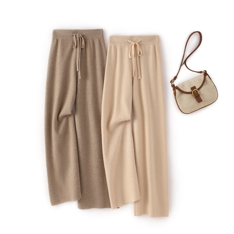 Women Cashmere Pants 100% Pure Cashmere Knitted Wide Leg Pant 2024 Winter Warm Long Trousers Pure Woolen Female Wide Leggings