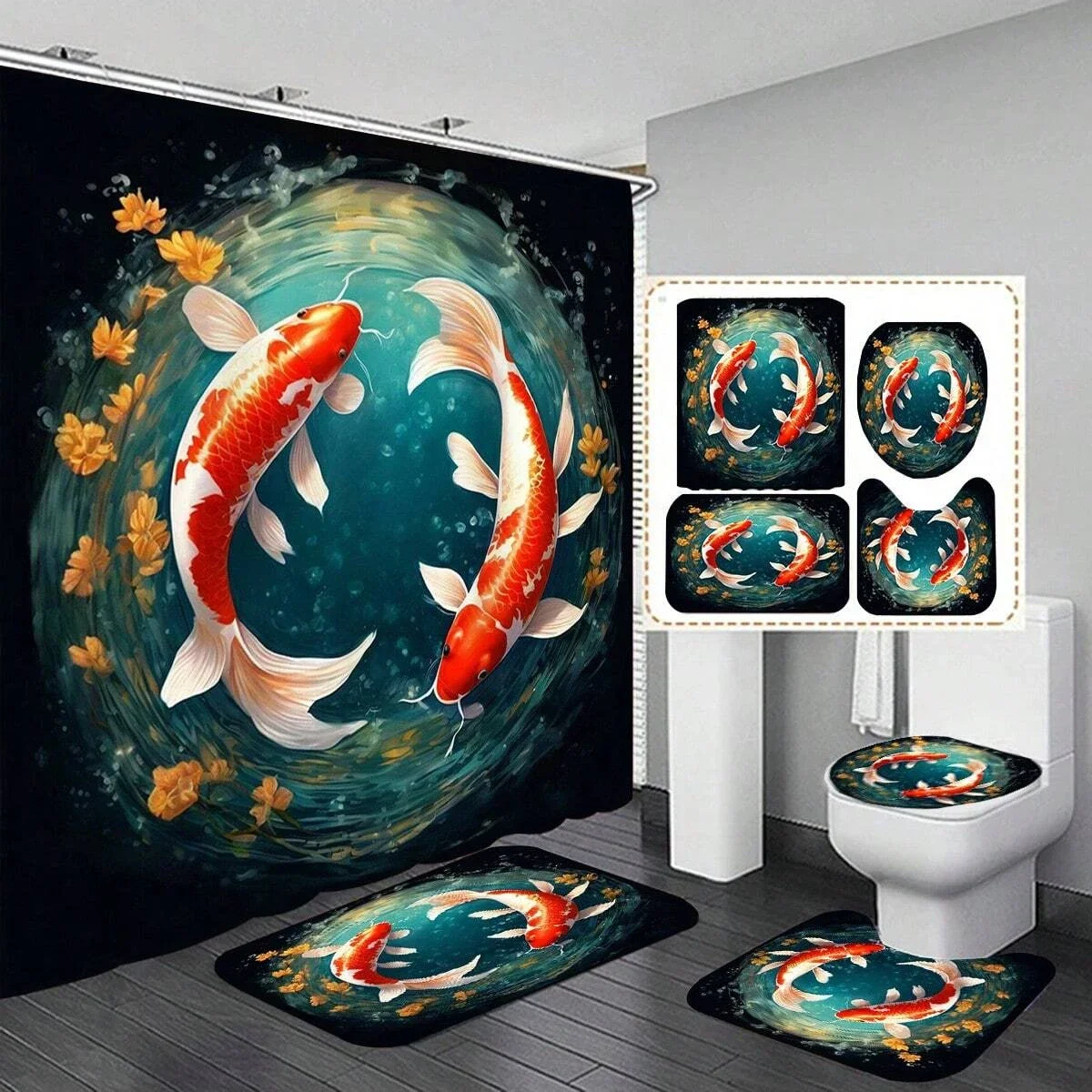 4pcs Modern style printing Shower Curtain Set With 12 Hooks, Anti-Slip Bathroom Mat, U-Shaped Toilet Rug, Bathroom Curtain Set