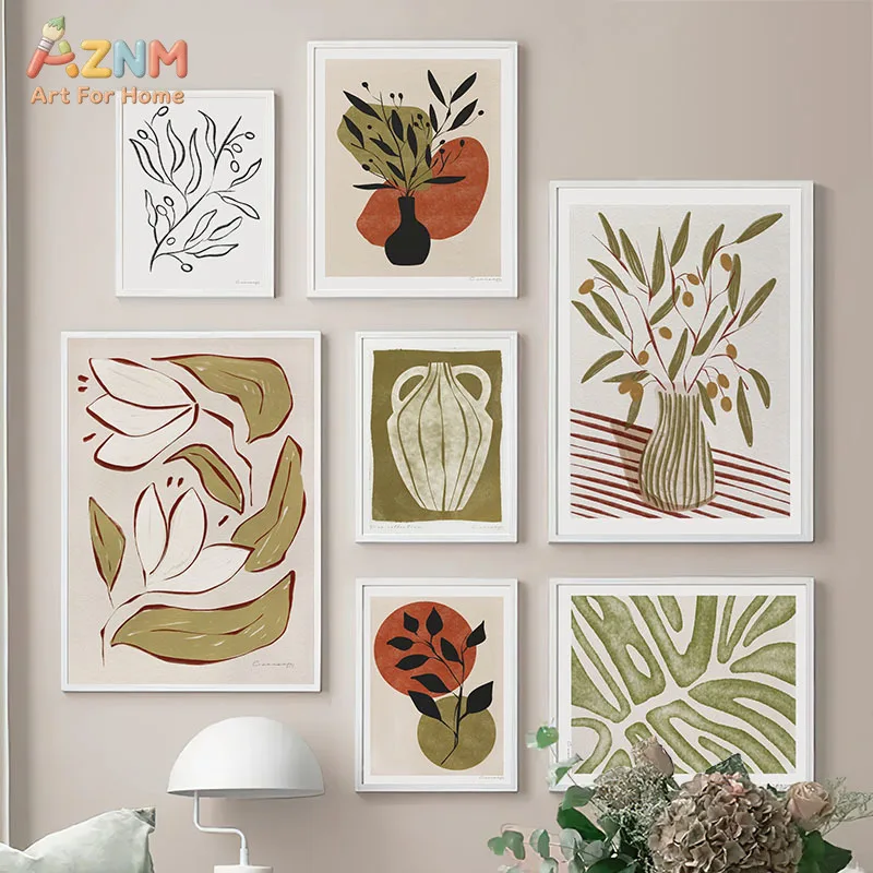 AZNM Boho Olive Leaf Vase Canvas Print Neutral Green Terracotta Line Floral Abstract Minimalist Home Unframed Wall Poster Decor